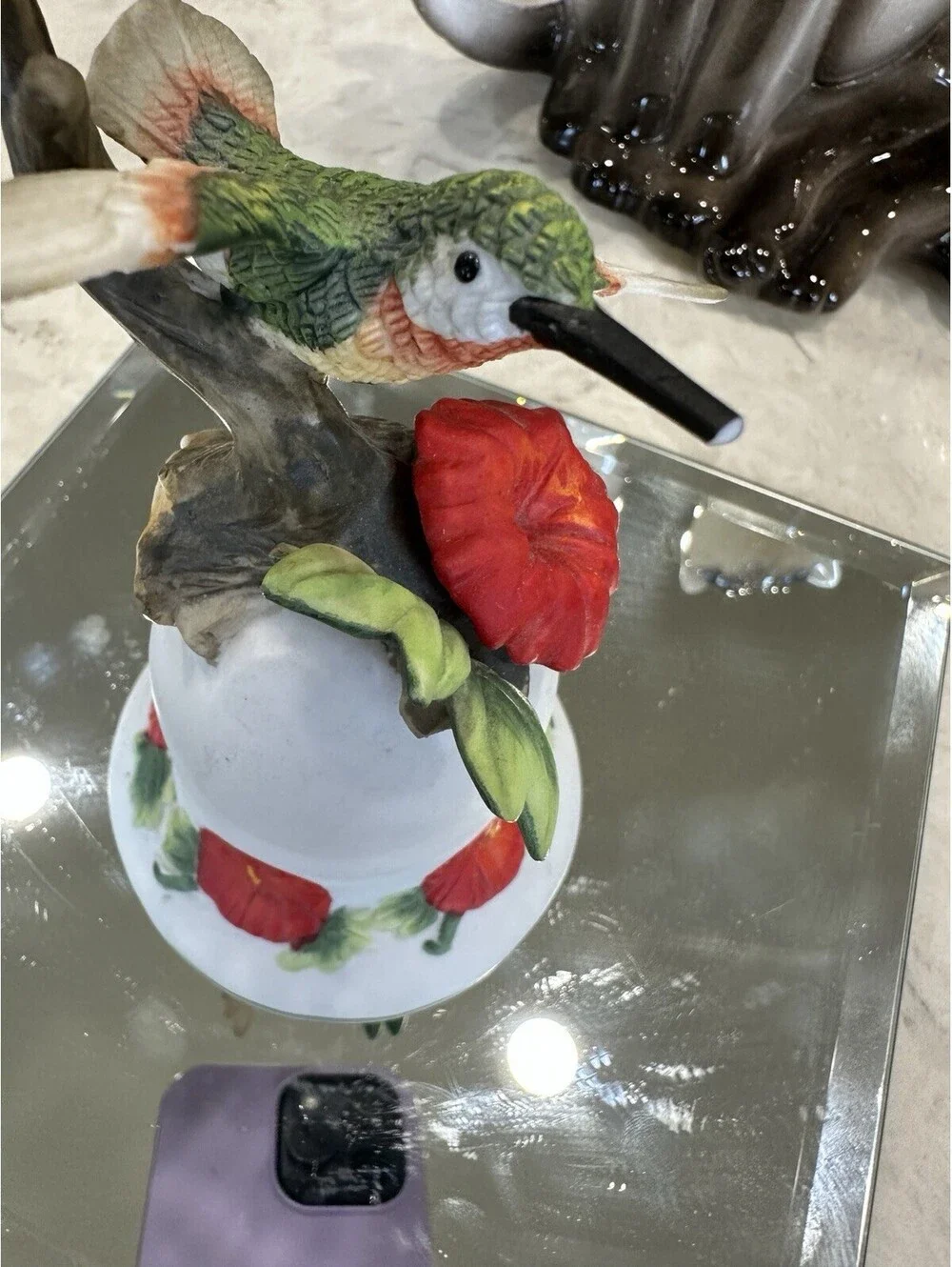 Vintage painted matte bisque porcelain hummingbird decorative bell 1970-1980s